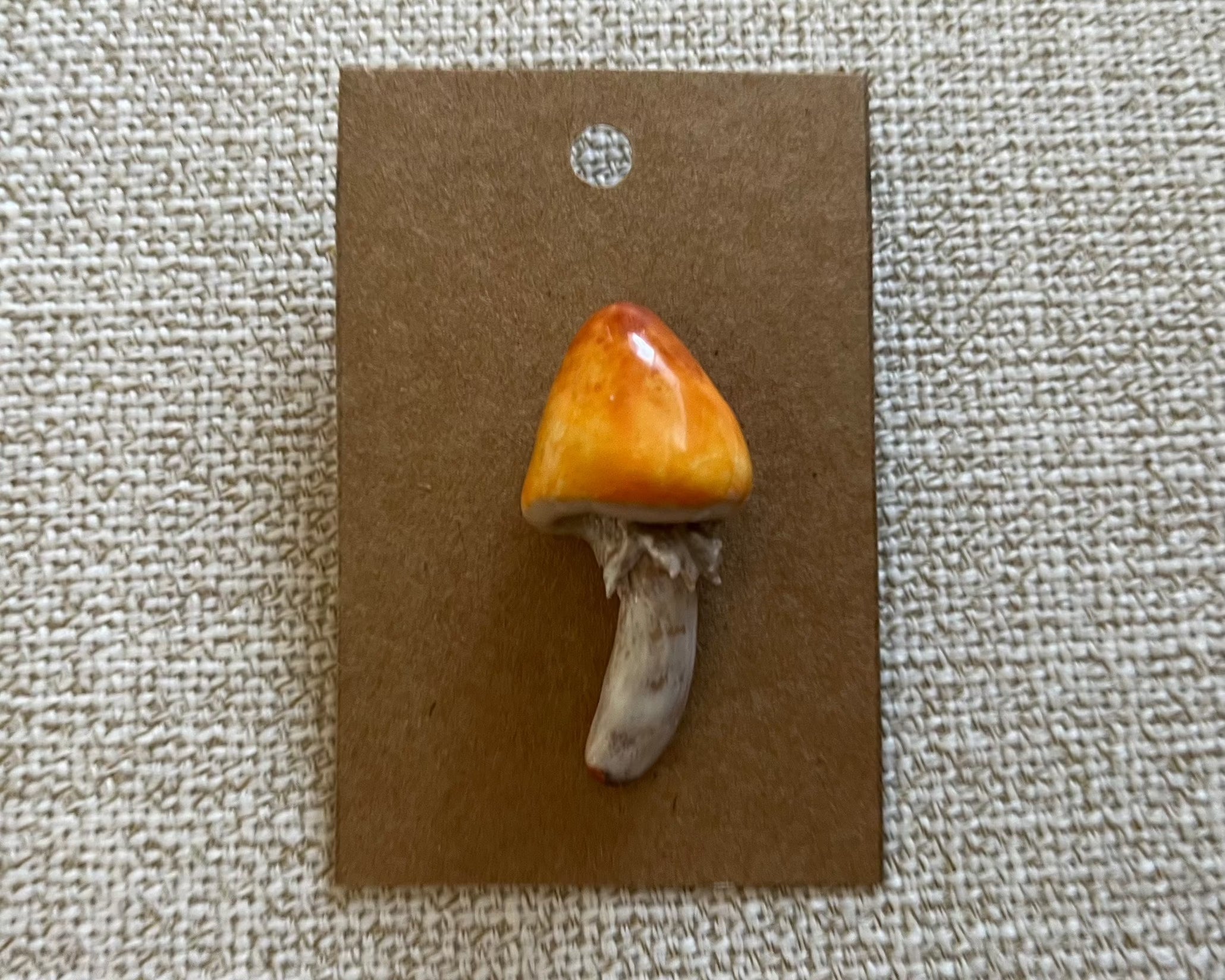 Handmade mushroom polymer clay brooch pin paper background