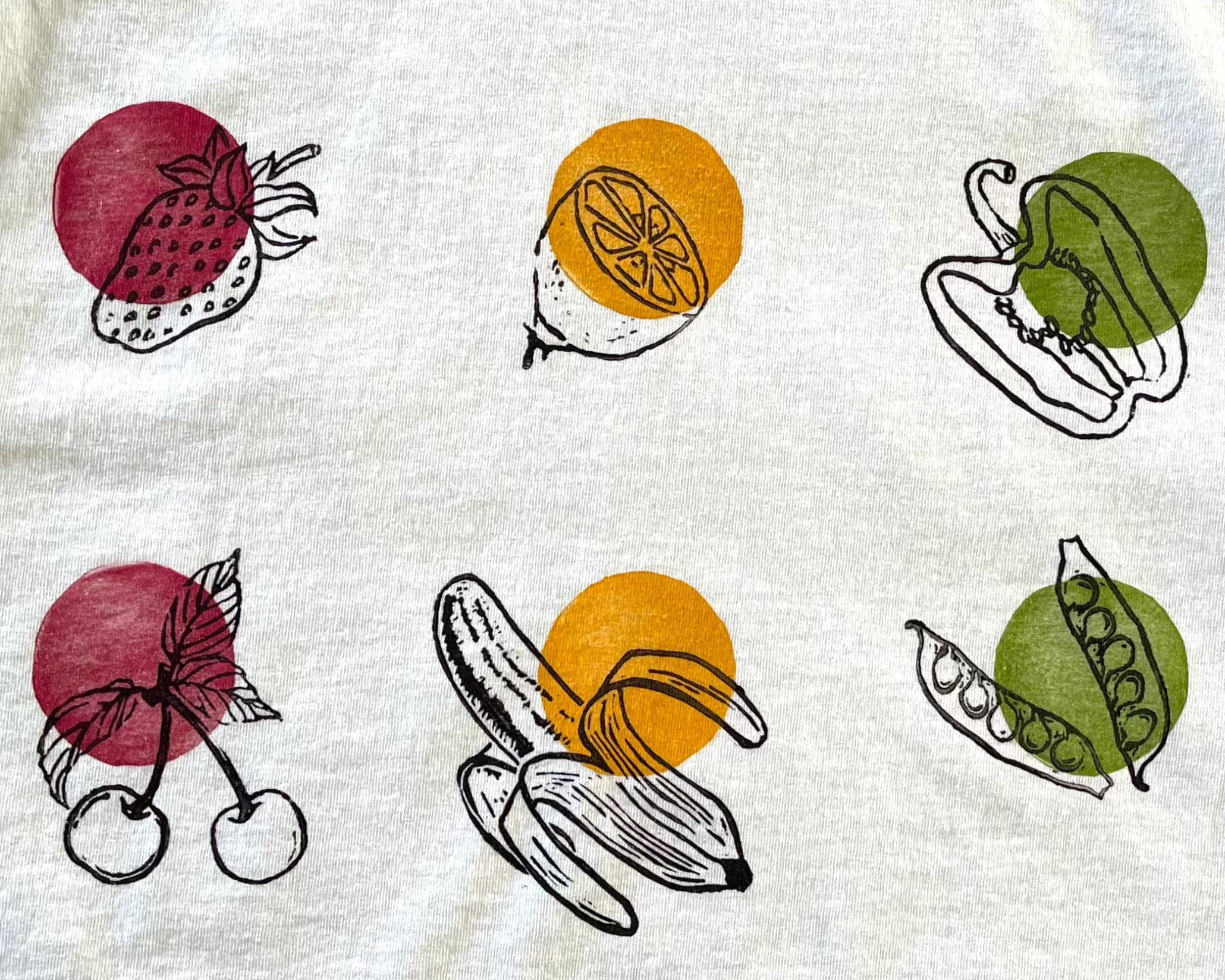 Fruit and circles hand printed block print t-shirt close up