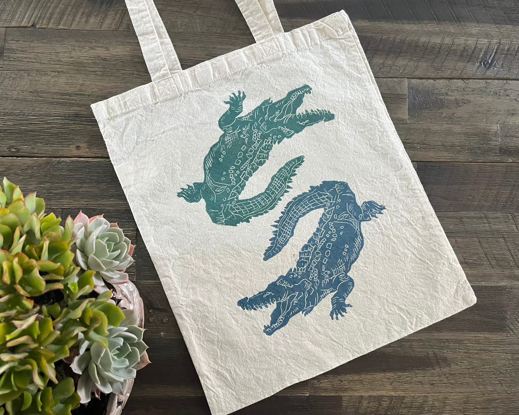 Alligator block print eco shopping bag