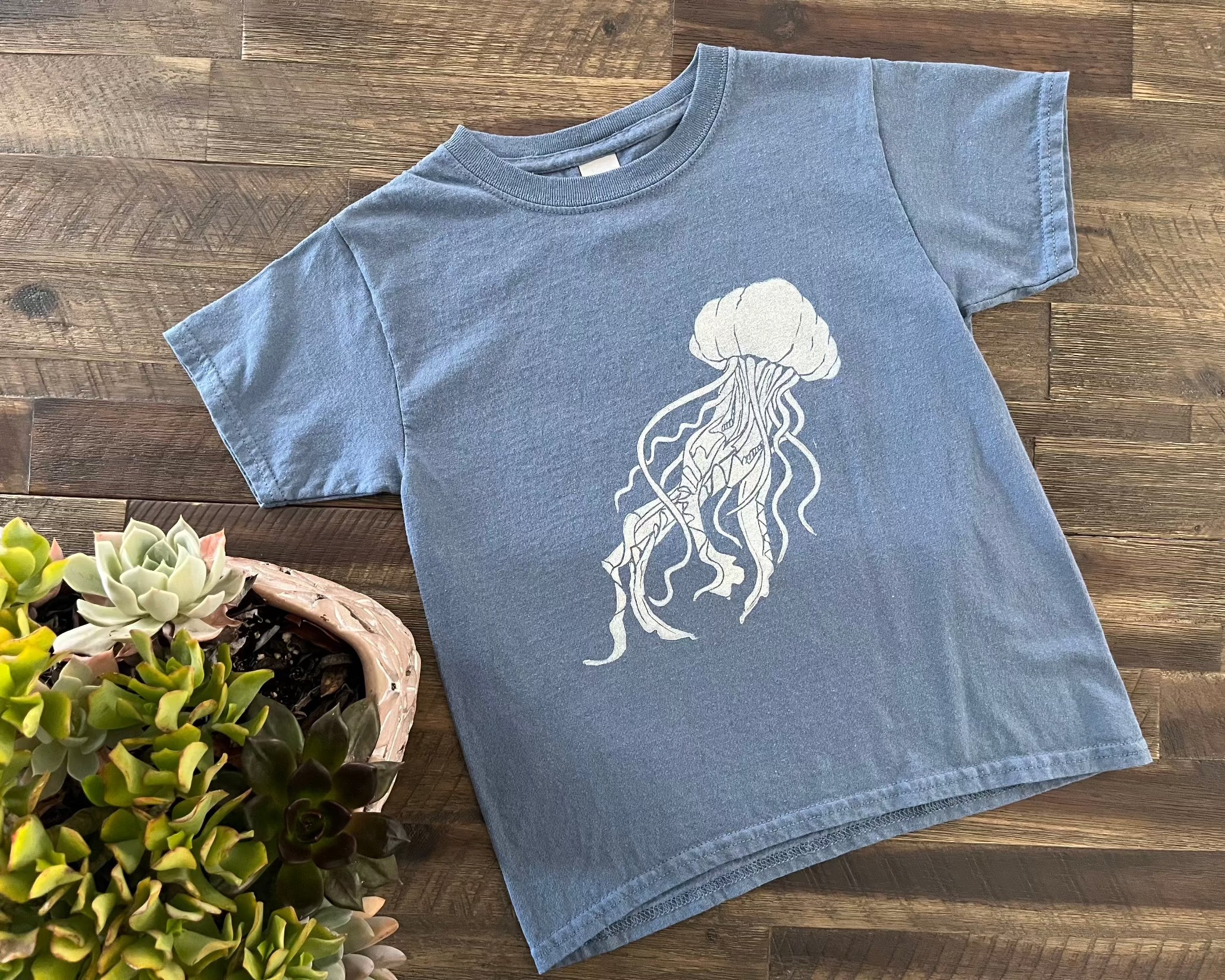 Hand printed jelly fish block print youth t-shirt