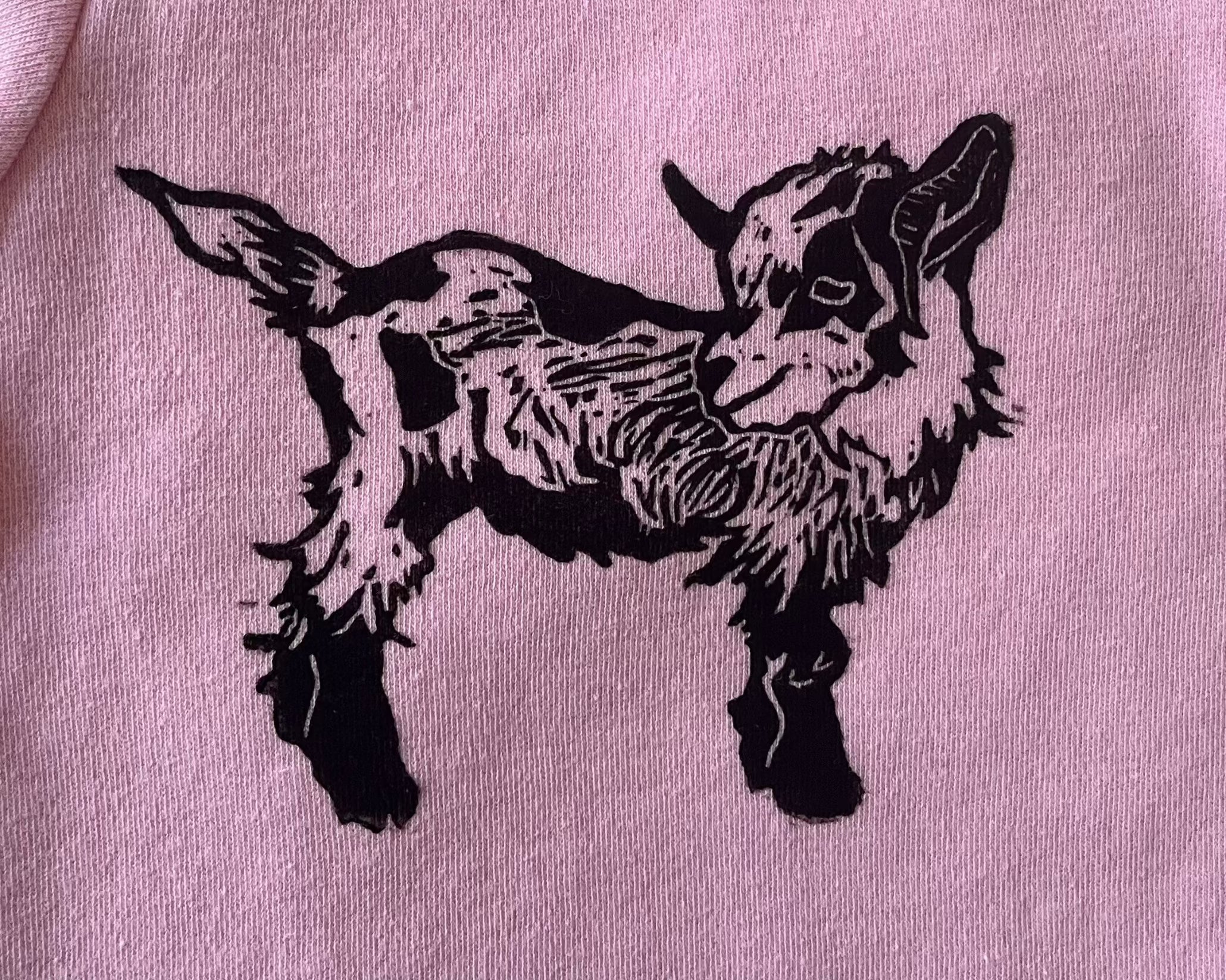 Baby goat block print baby onesie close up