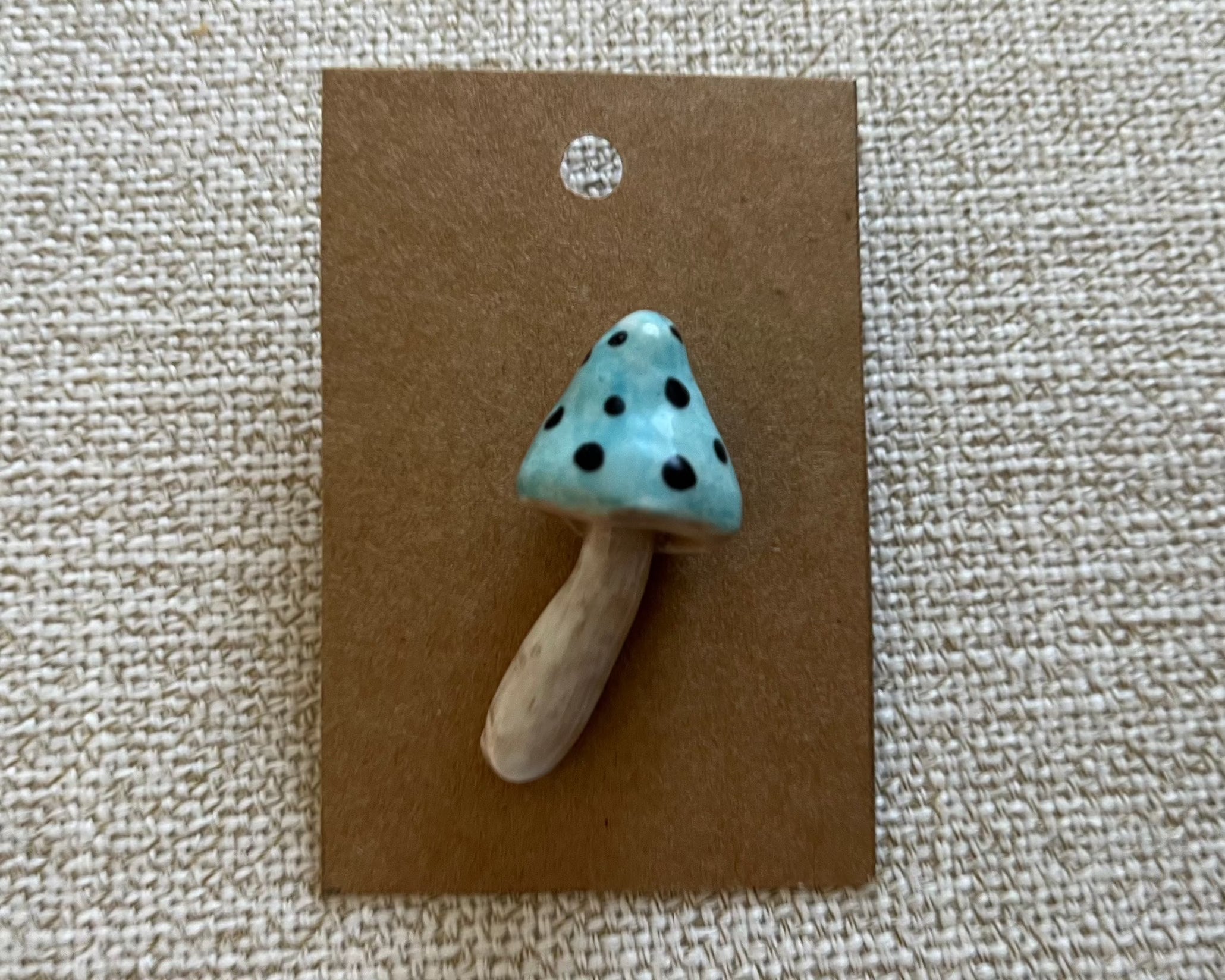 Handmade mushroom polymer clay brooch pin paper background