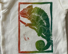 Chameleon block print baby onesie close up