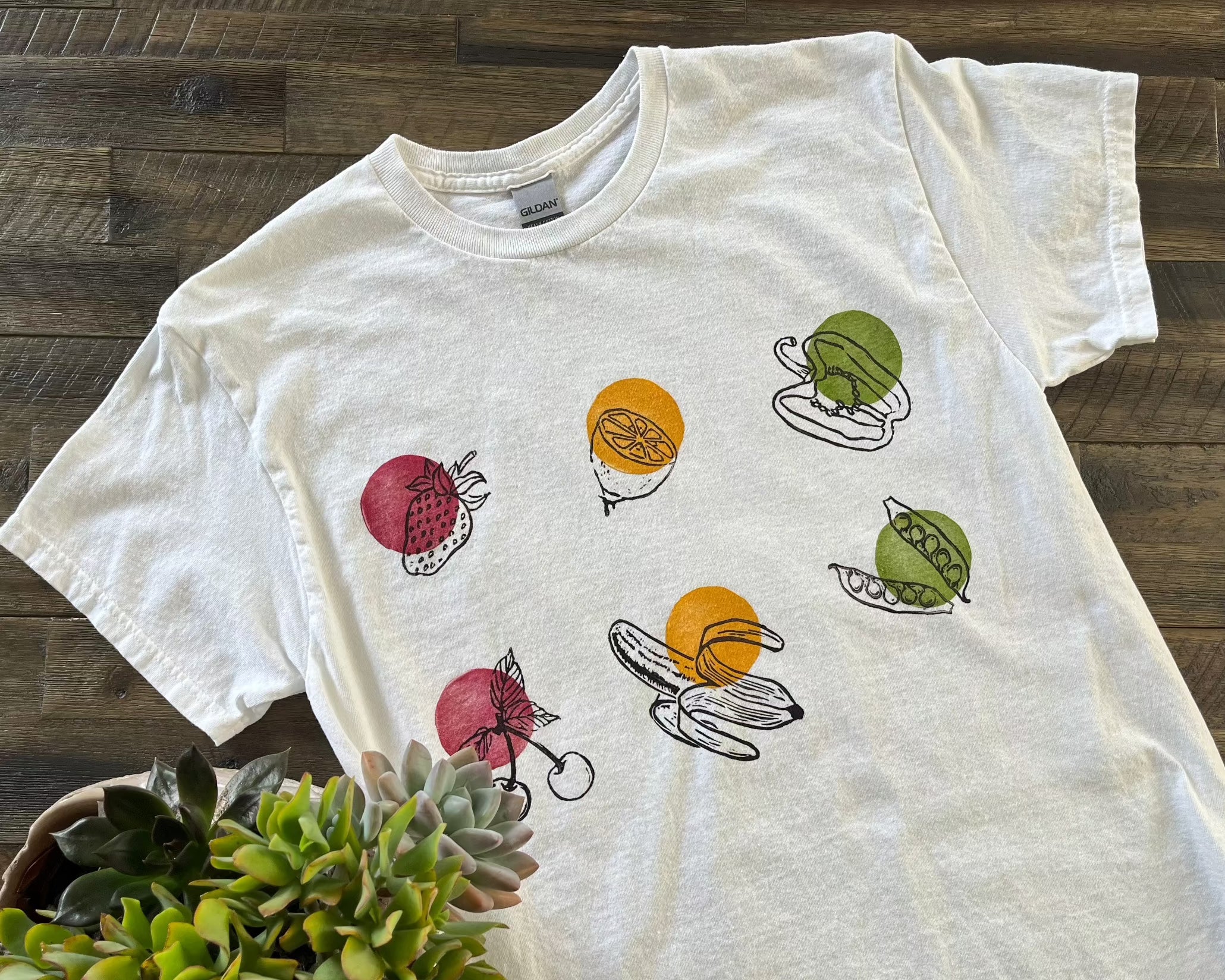 Fruits and circles hand printed block print t-shirt