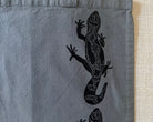 Hand printed leopard gecko block print tote bag close up