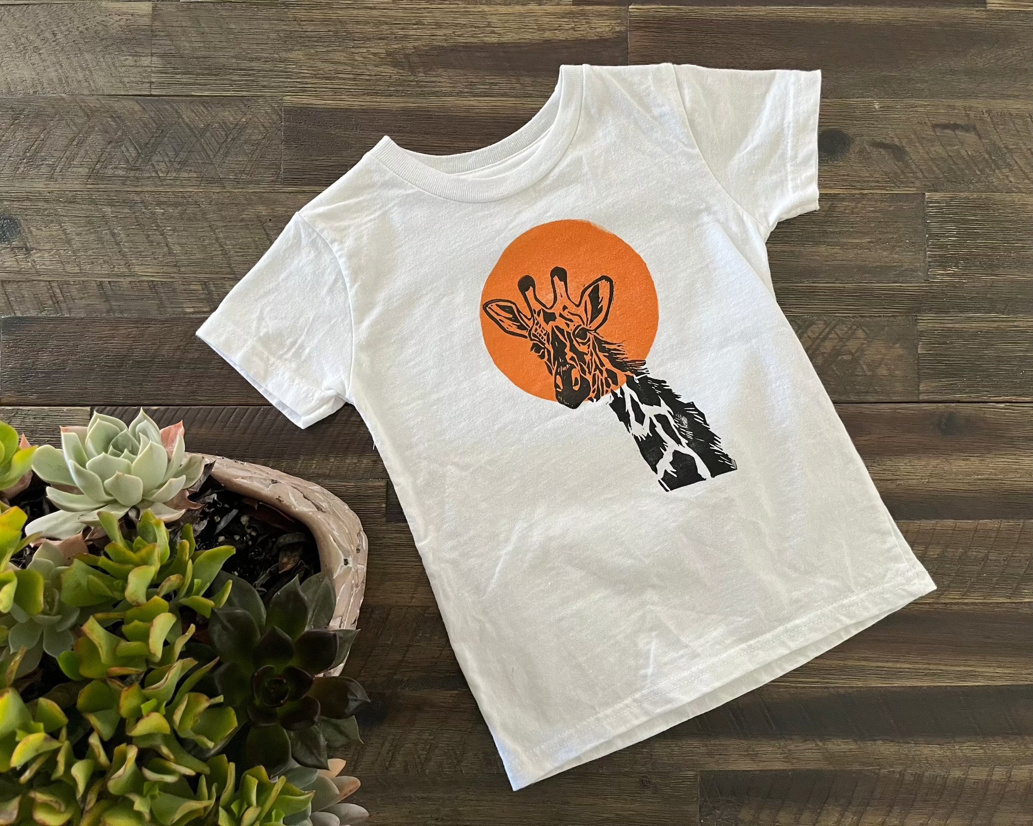 Hand printed giraffe and sun block print toddler t-shirt