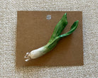 Handmade green onion polymer clay brooch pin paper background