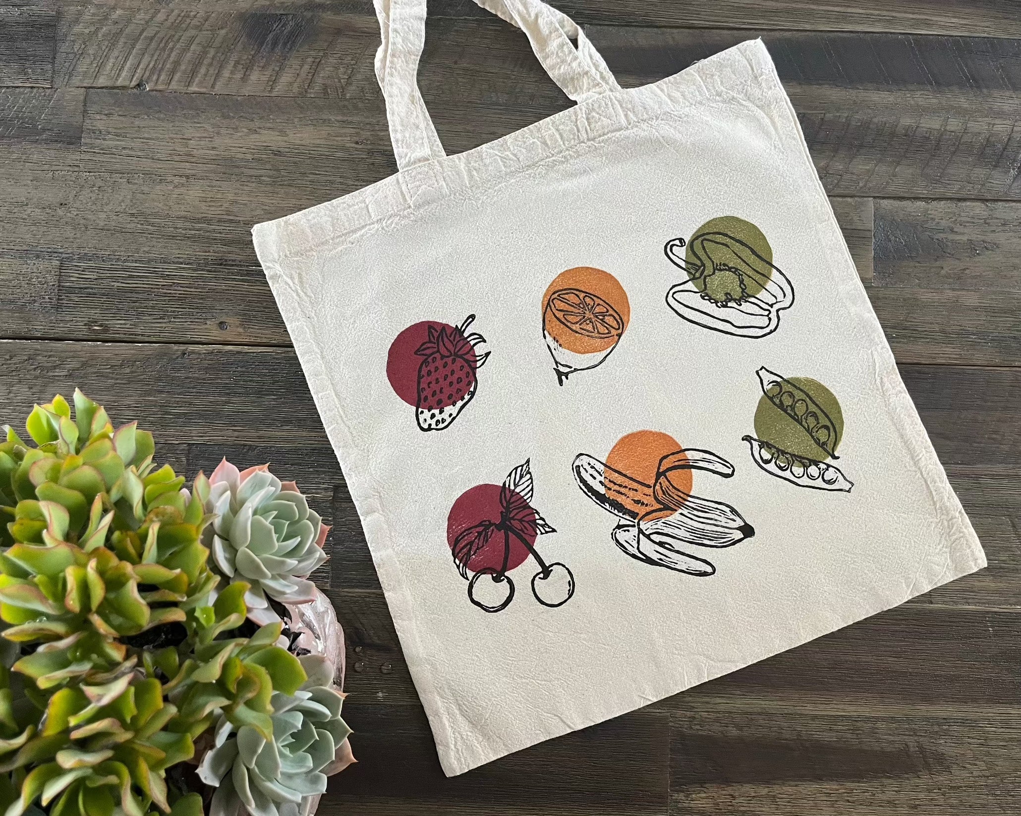 Fruits and circle block print tote bag